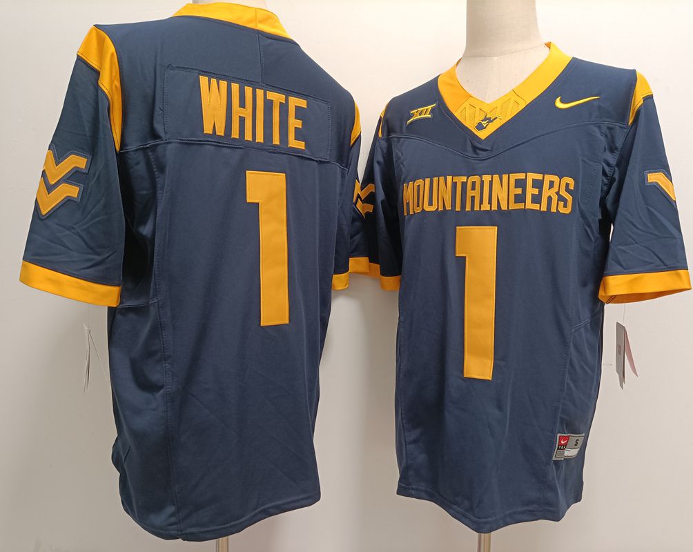 Men West Virginia Mountaineers #1 White Drak Blue Nike 2025 NCAA Jersey->ncaa teams->NCAA Jersey